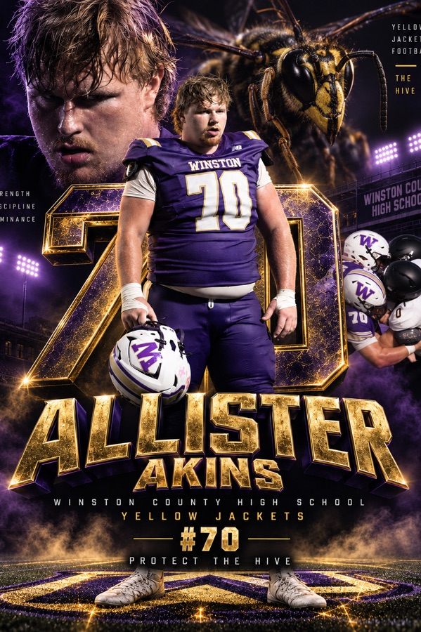 Allister Akins #70 — Winston County Yellow Jackets sports design by VIZN